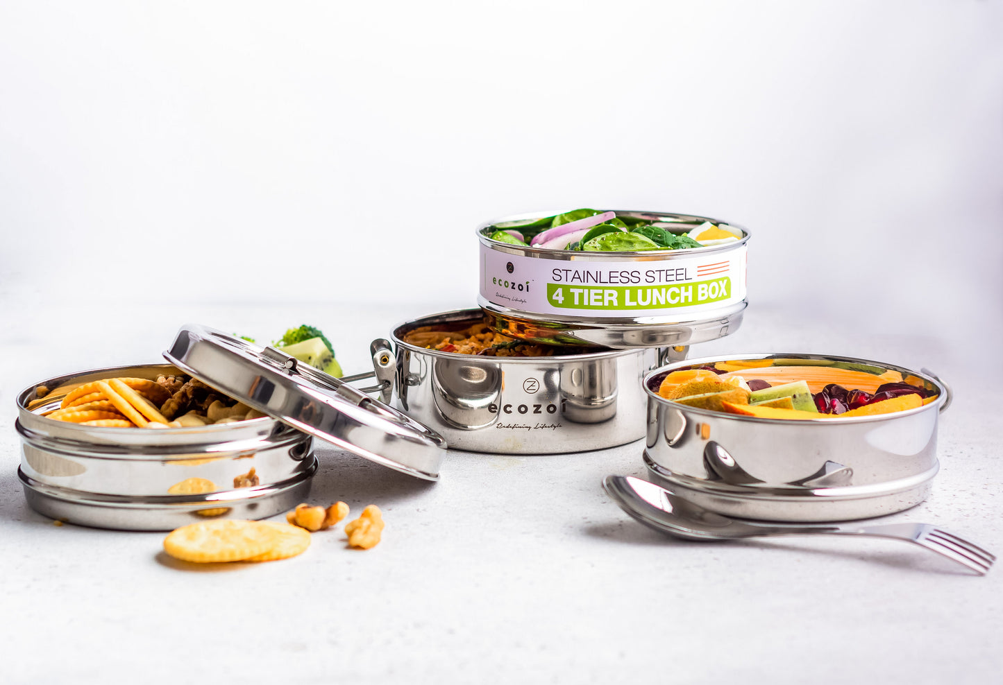 Stainless Steel Lunch Box, 4 Tier Round with Spork, 55 Oz