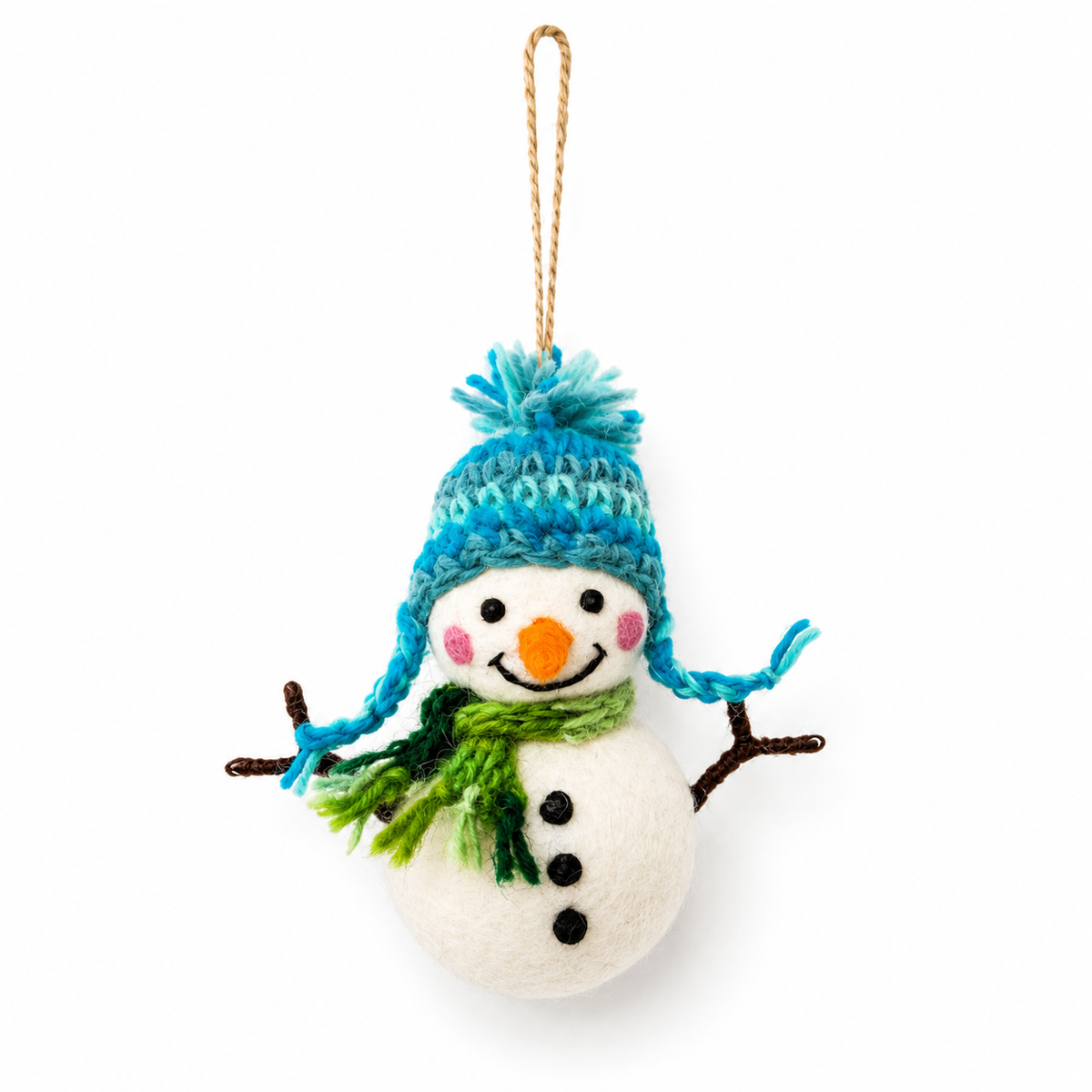 Snowman Ornament with Woven Hat – Handmade Wool Felt Holiday Decor