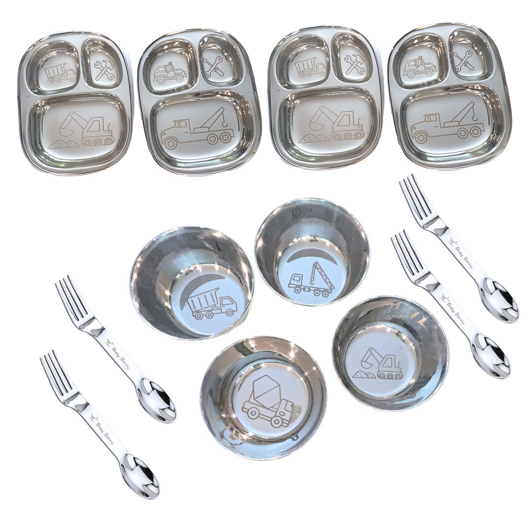 Busy Benny Truck Themed Stainless Steel Kids' Dinnerware Set for Four