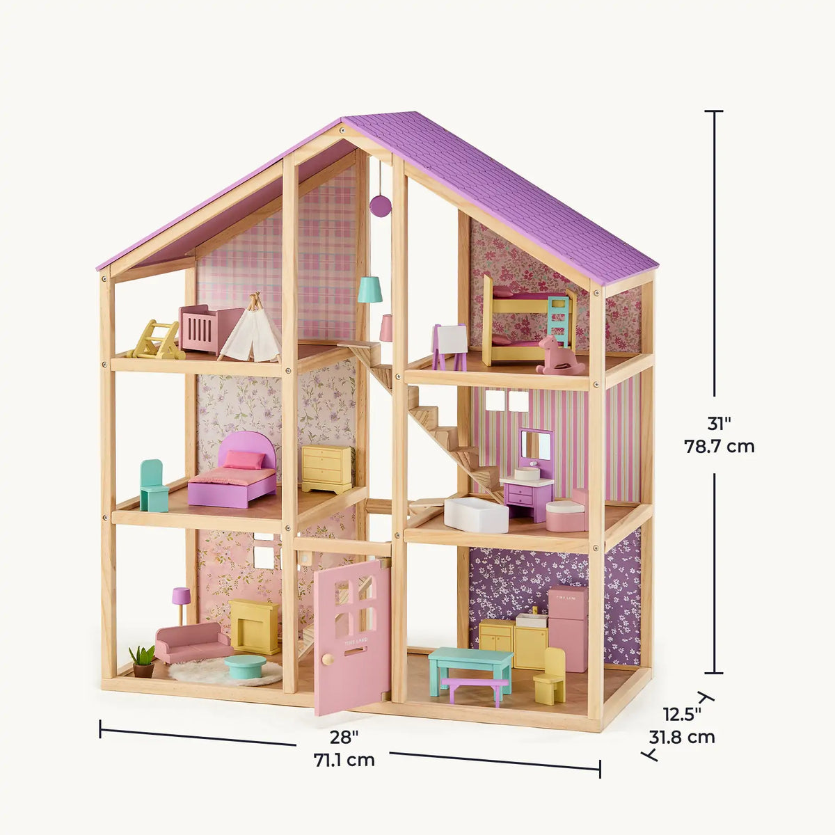 Tiny Land® Sweetwood Wooden Dollhouse without Dolls – 3 Levels + Attic, 6 Rooms, Wooden Furniture Set, Ages 3+