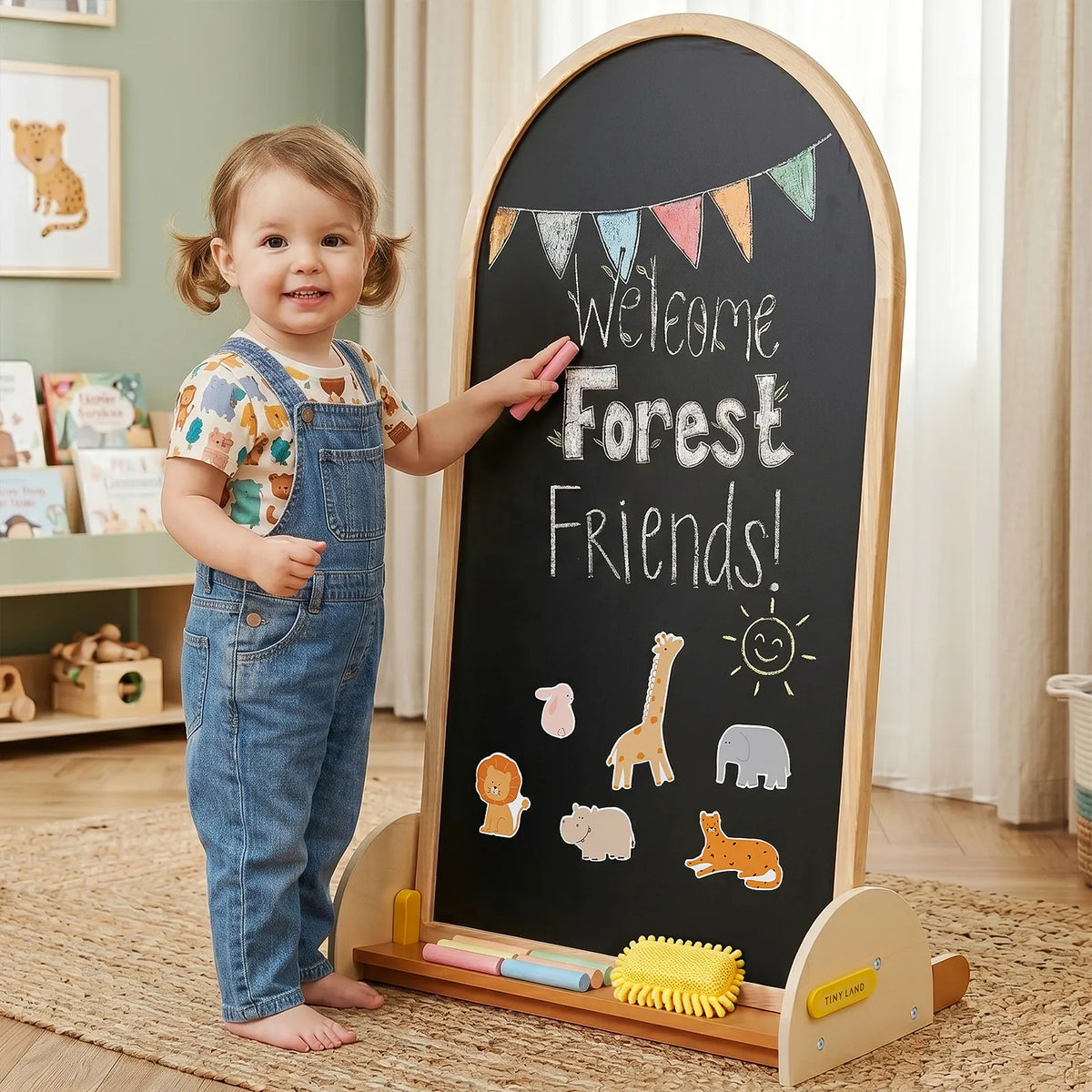 Tiny Land Double-Sided Arched Magnetic Chalkboard Easel – Beechwood Frame