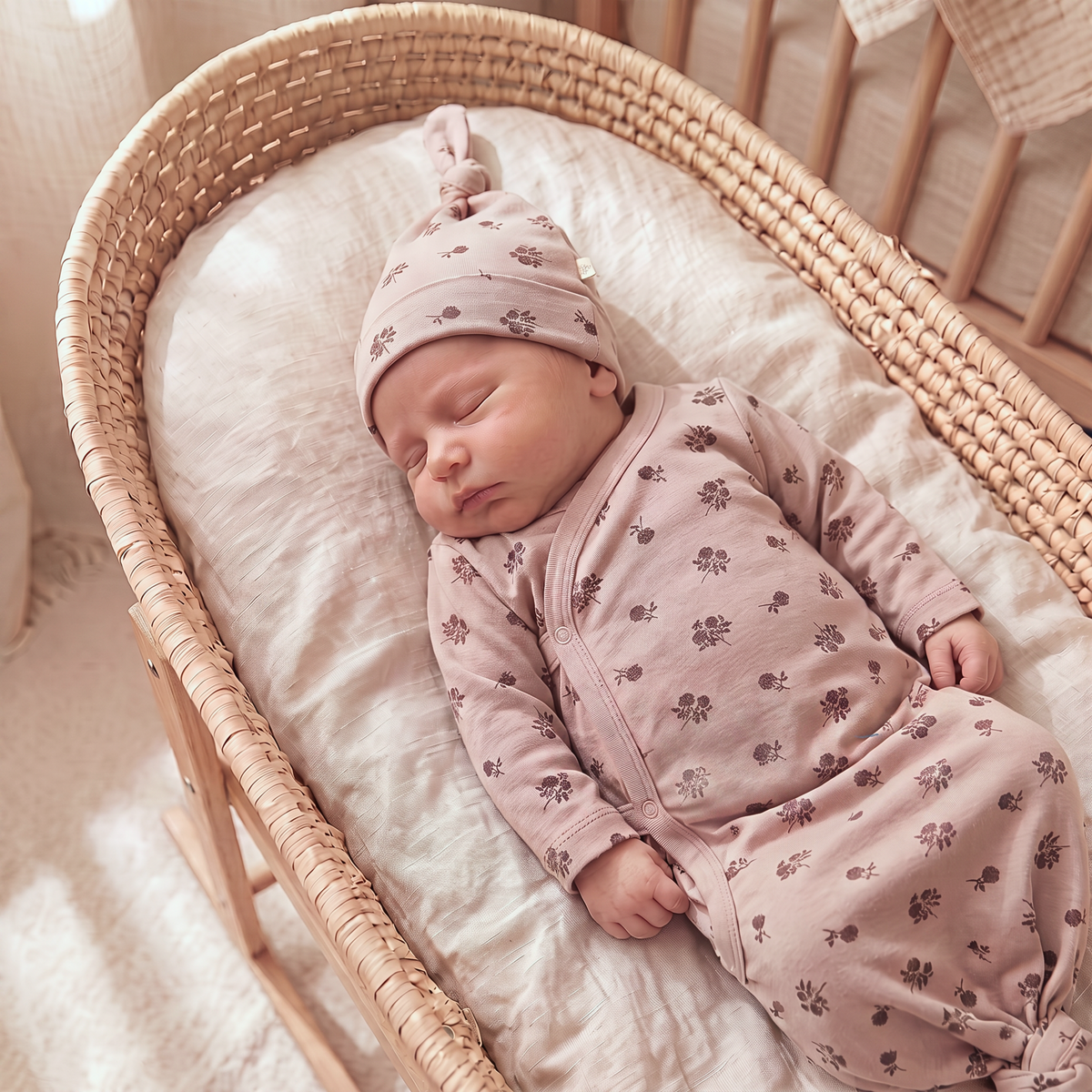 Organic Cotton Kimono Knotted Newborn Gown & Hat Set – Rosebud