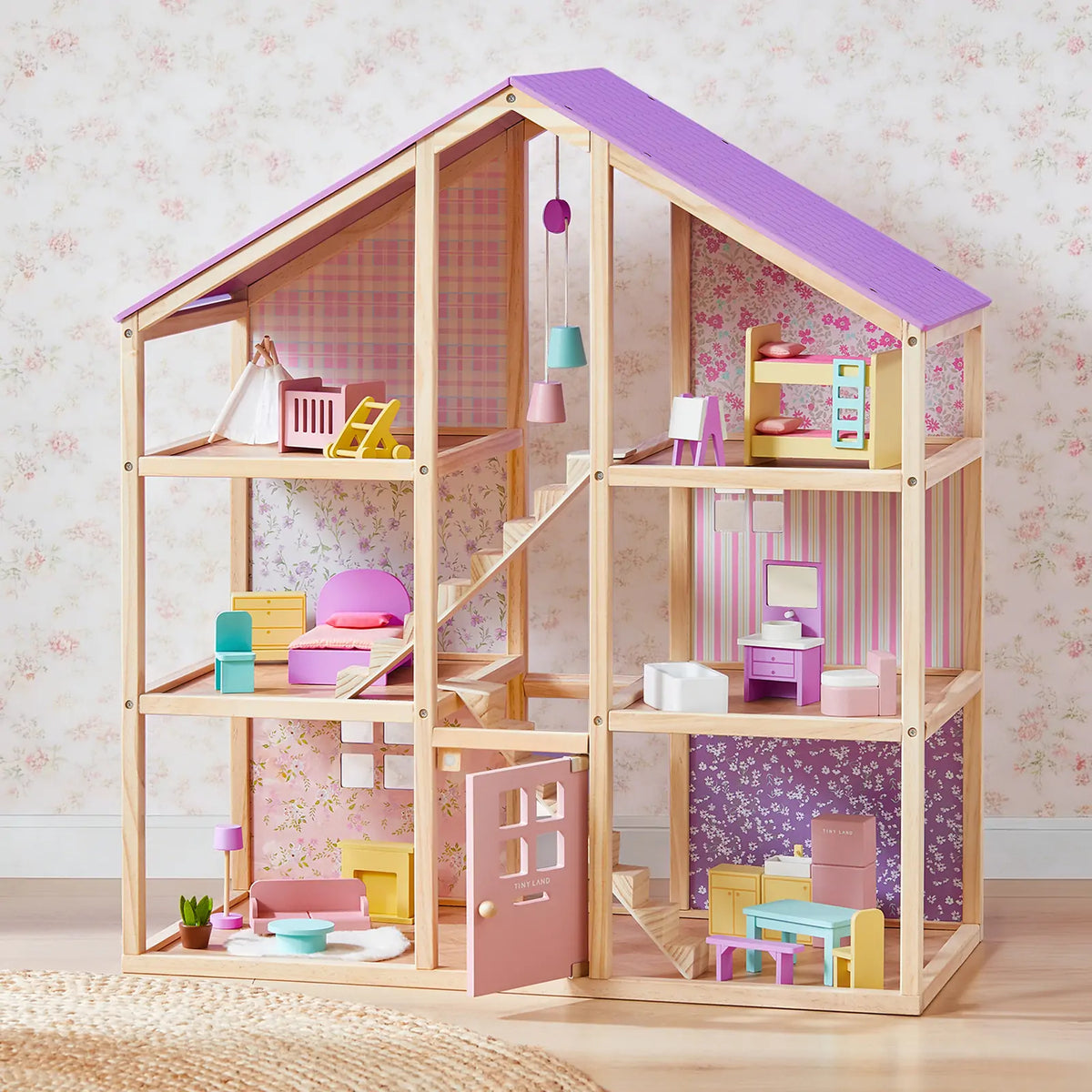 Tiny Land® Sweetwood Unicorn Wooden Dollhouse with Doll Family – 31-Piece Furniture Set & Stroller, Ages 3+