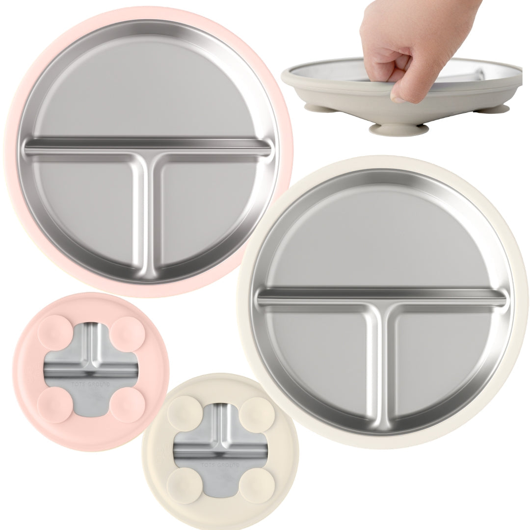 Tots Ground Eco-Friendly Stainless Steel Baby and Toddler Divided Plates - Mocha Mousse & Sage Green