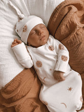 Load image into Gallery viewer, Luna + Luca Over the Moon Bamboo Knotted Baby Sleep Gown + Hat