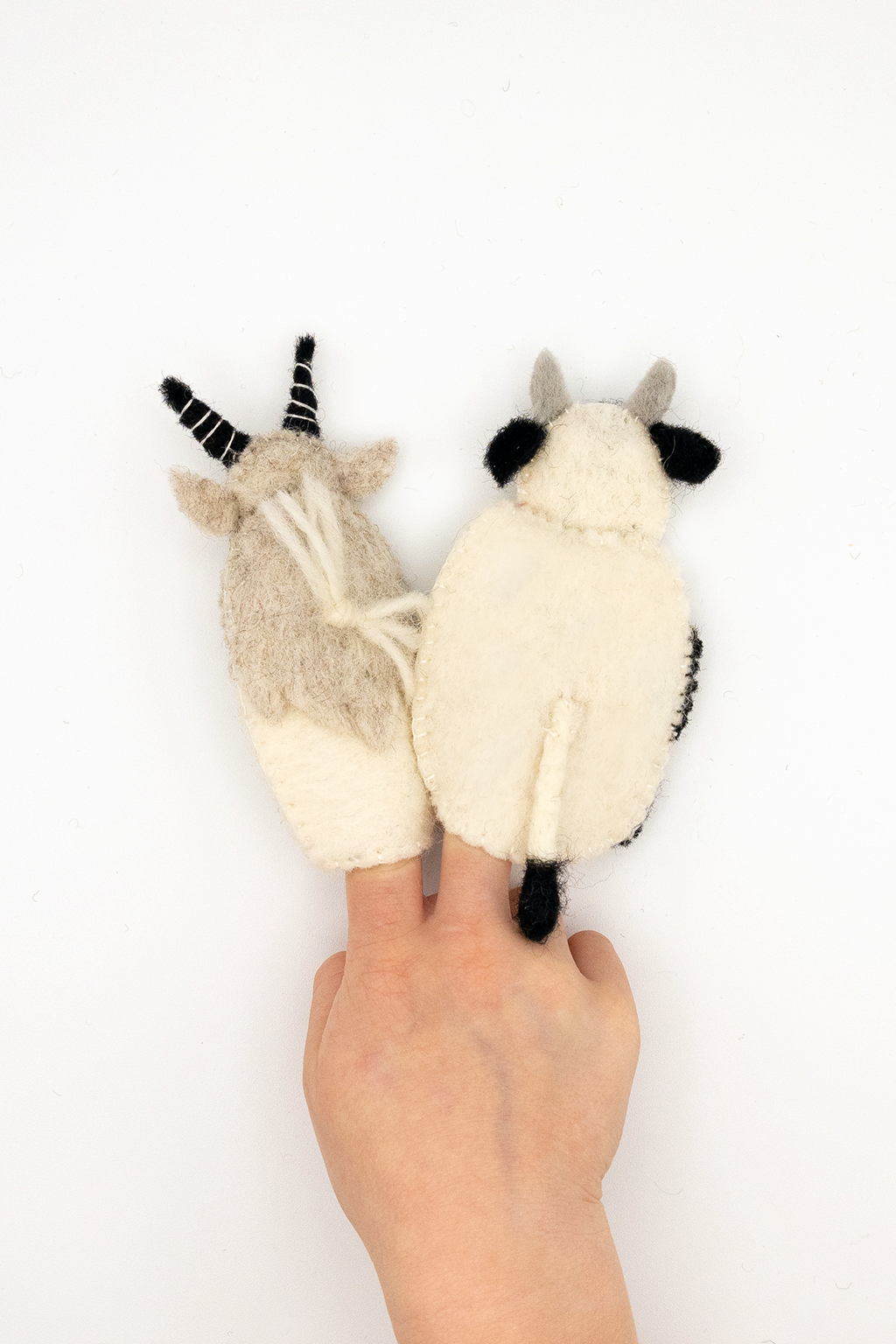 Cow & Goat Finger Puppet Set – Handmade Wool Felt Pretend Play Toy
