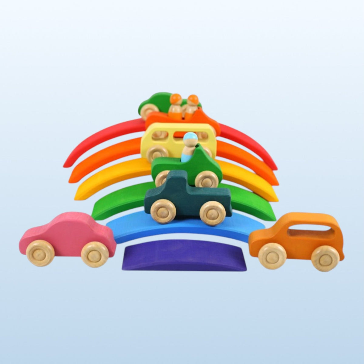 Green Elephant 7-Piece Wooden Rainbow Cars Set with 3 Peg Dolls