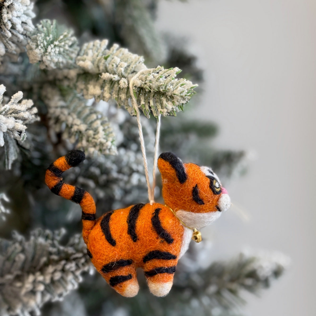 Tiger Christmas Ornament with Bell – Handmade Wool Felt Holiday Decor