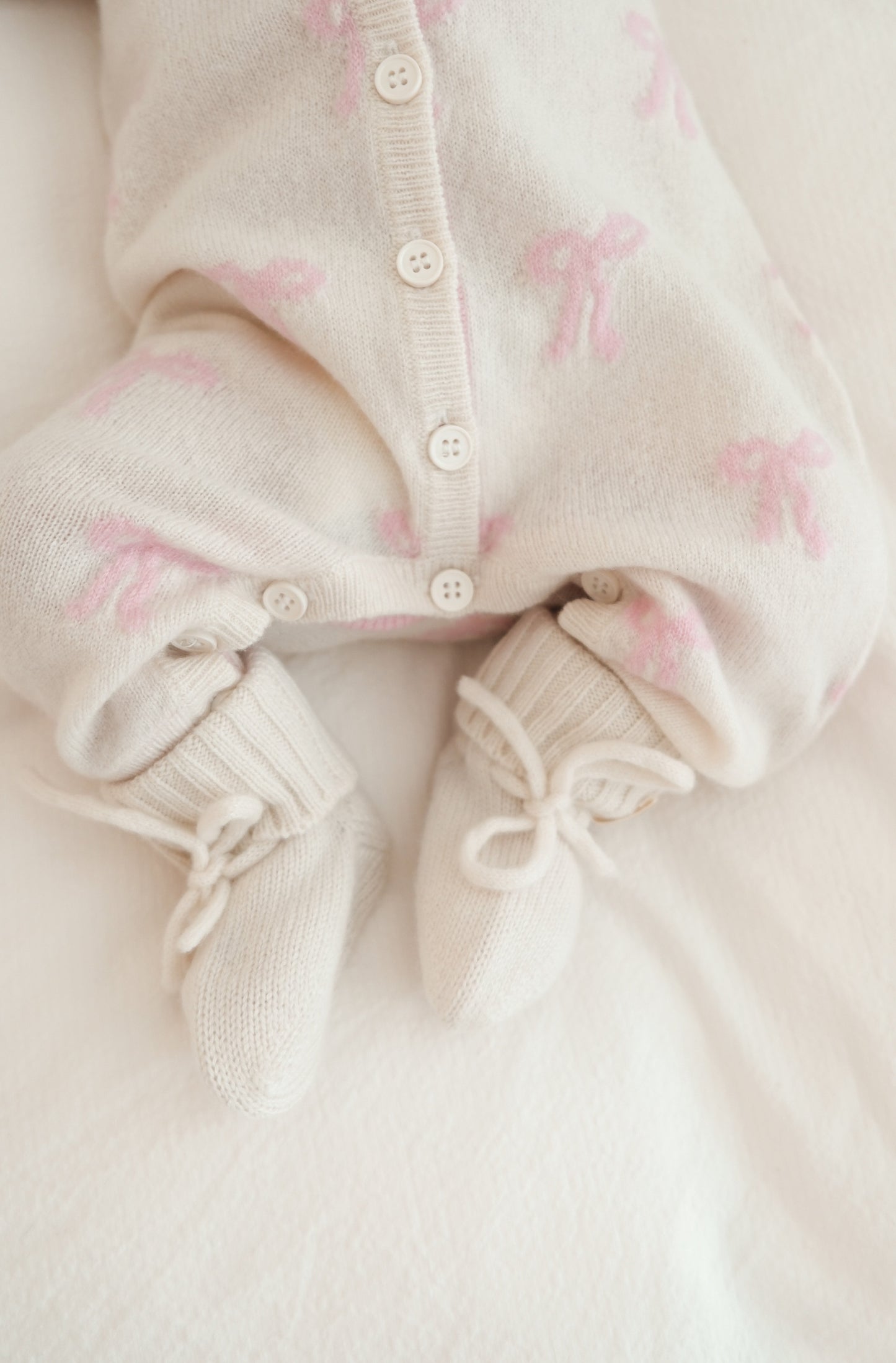 Luna + Luca Bow Cashmere Luxxe Baby Jumpsuit, Bonnet and Bootie Set