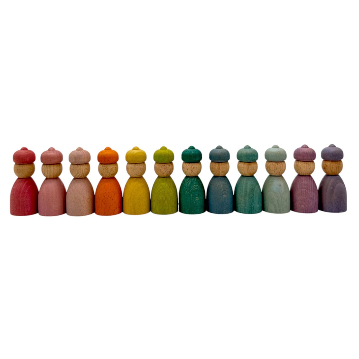 Green Elephant Wooden Peg Dolls Collection – Wizard, Gnome & Acorn Styles in Stained Beechwood