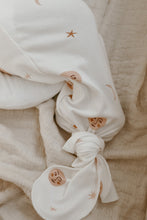 Load image into Gallery viewer, Luna + Luca Over the Moon Bamboo Knotted Baby Sleep Gown + Hat