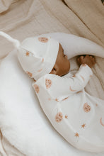 Load image into Gallery viewer, Luna + Luca Over the Moon Bamboo Knotted Baby Sleep Gown + Hat