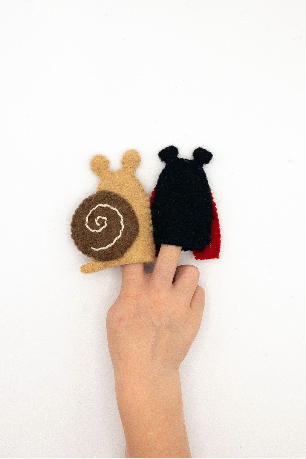 Ladybug & Snail Finger Puppet Set – Handmade Wool Felt Pretend Play Toy