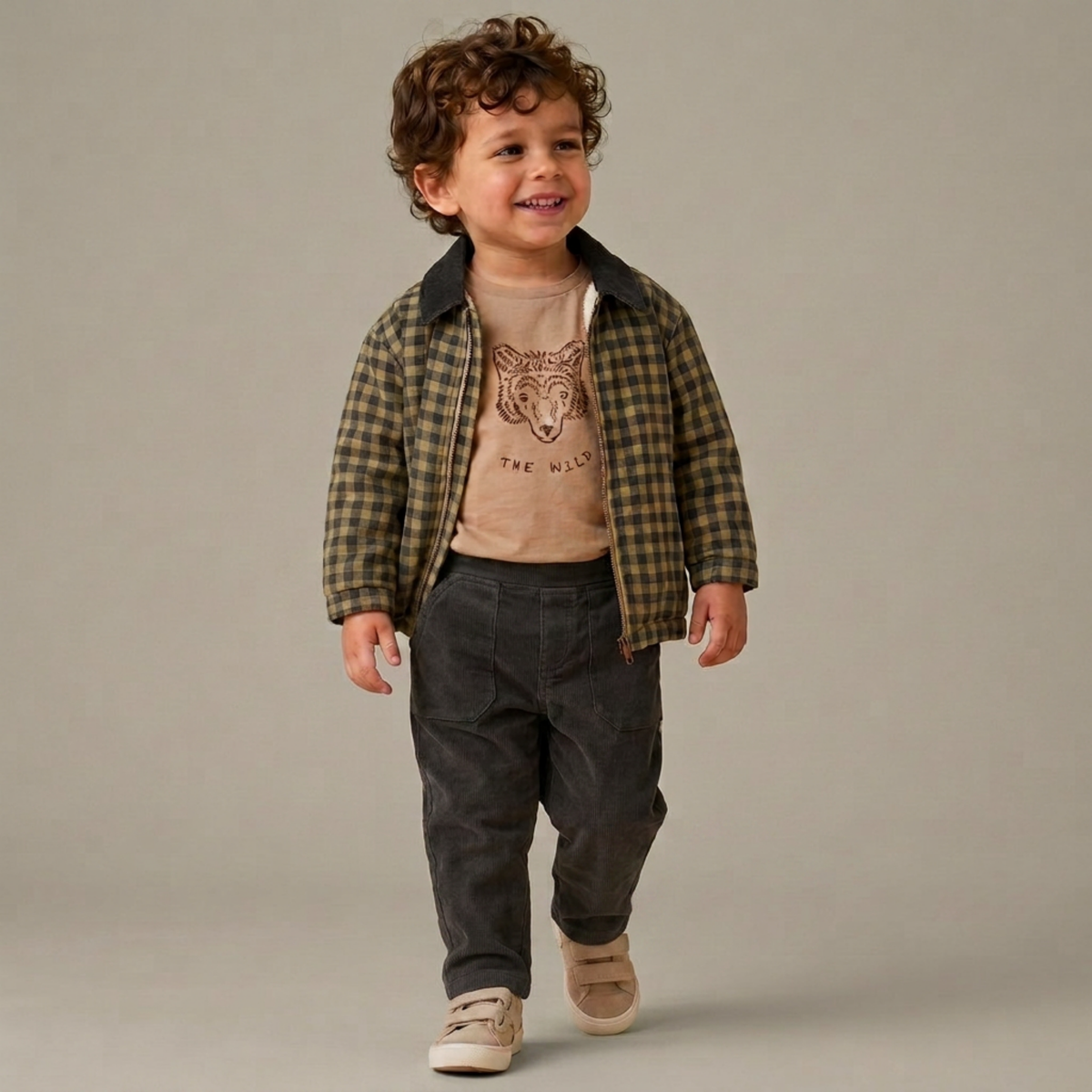 Organic Cotton Twill Jacket with Corduroy Collar for Babies & Toddlers – Olive Gingham