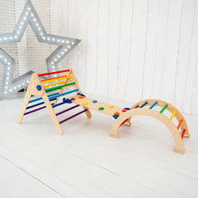 Load image into Gallery viewer, Wood and Hearts Eco-Friendly Wooden Montessori Climbing 3-in-1 Set | Foldable Triangle, Climbing Arch, Rocker Board