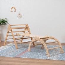 Load image into Gallery viewer, wood and hearts natural wooden eco-friendly montessori foldable pikler triangle climbing board and climbing arch