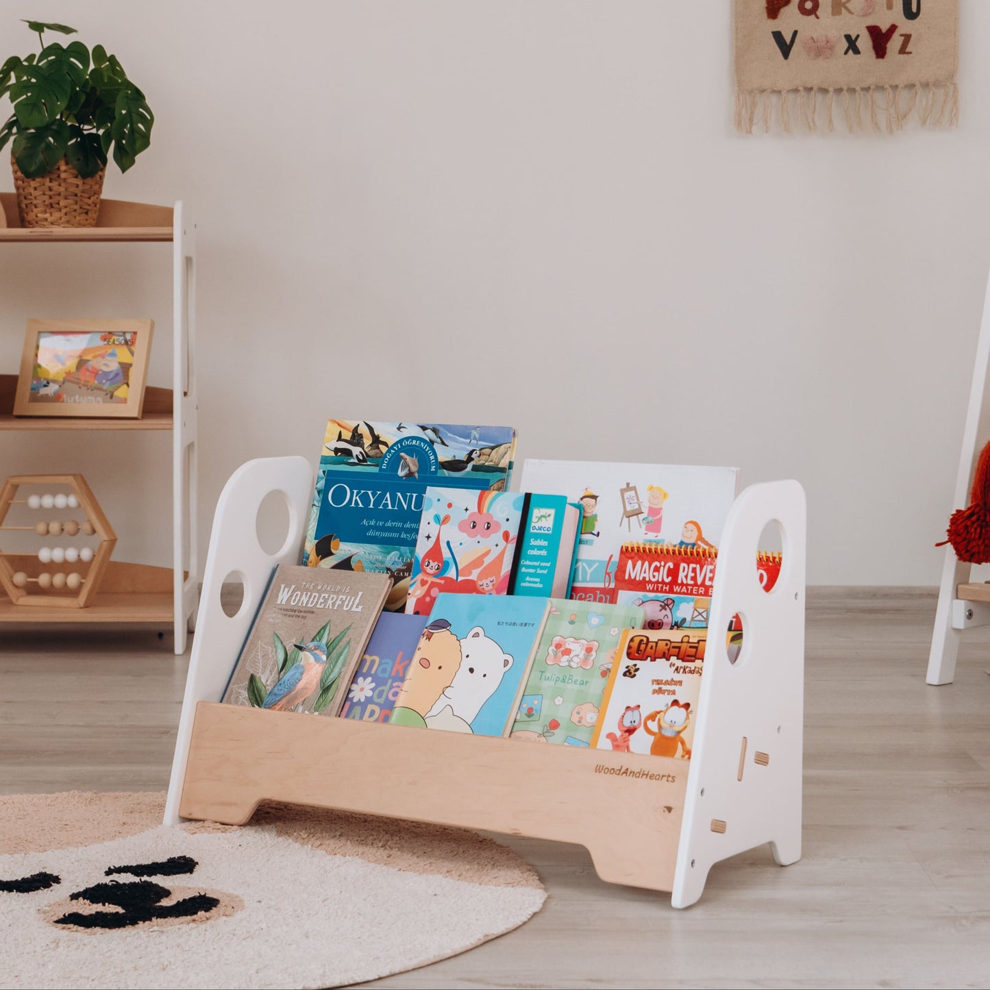 Wood and Hearts Eco-Friendly Natural Wooden Montessori Kids Bookshelf
