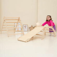 Load image into Gallery viewer, Wood and Hearts Eco-Friendly Wooden Montessori Climbing 3-in-1 Set | Foldable Triangle, Climbing Arch, Rocker Board