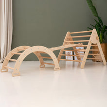 Load image into Gallery viewer, Wood and Hearts Eco-Friendly Wooden Montessori Climbing 3-in-1 Set | Foldable Triangle, Climbing Arch, Rocker Board