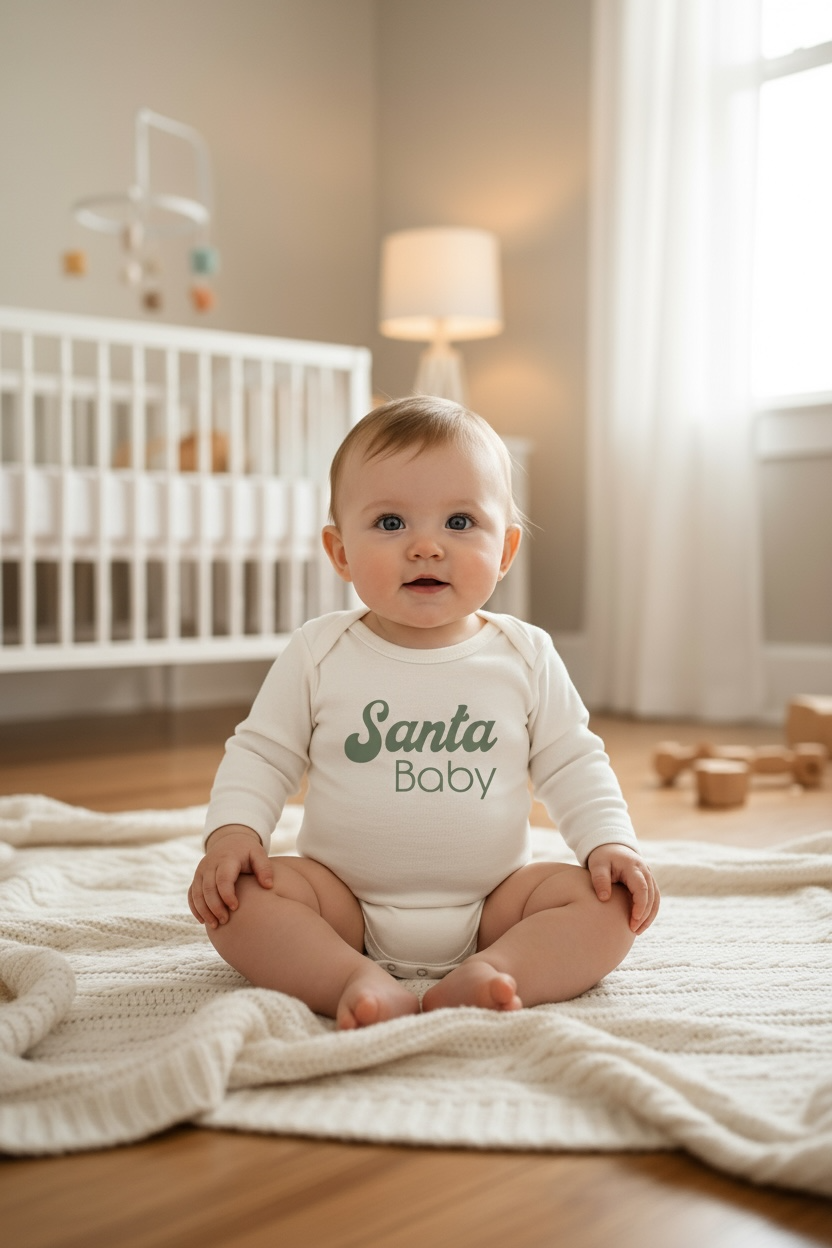 Santa Baby Organic Cotton Baby Bodysuit – Long Sleeve, Red or Olive, 0–24M