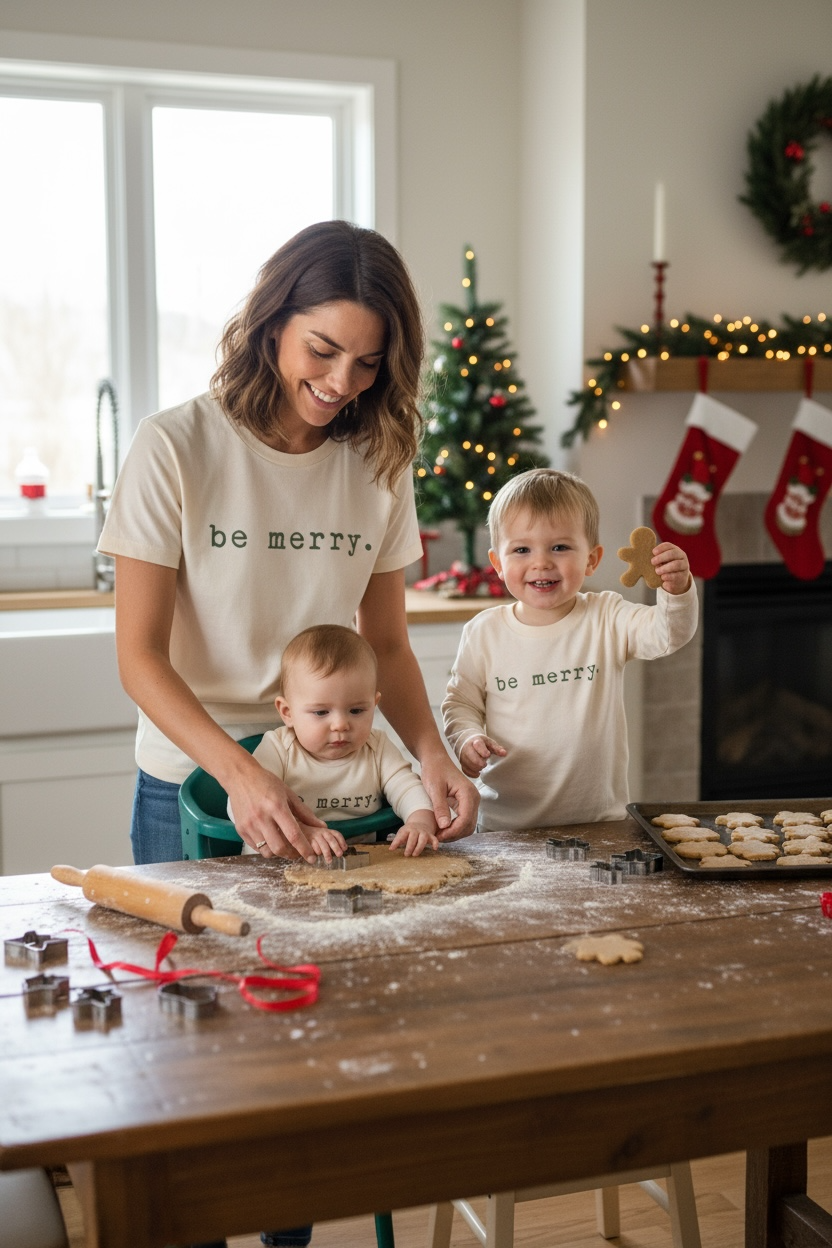 Be Merry Organic Cotton Kids T-Shirt – Long Sleeve, Red or Olive, 2T–10Y
