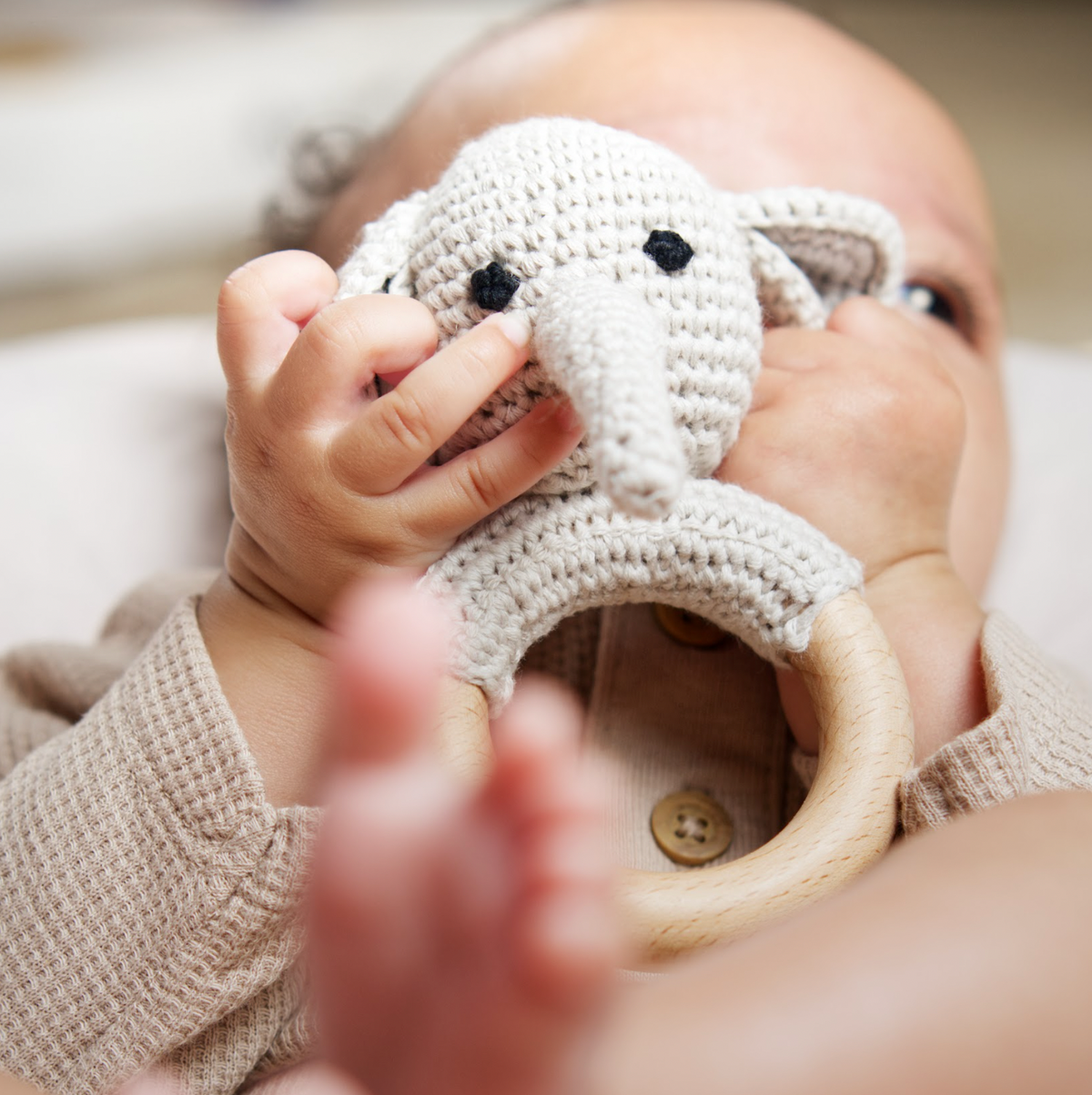 Rainbow Sprout Handmade Organic Cotton Elephant Rattle Teether with Wooden Ring – Gray