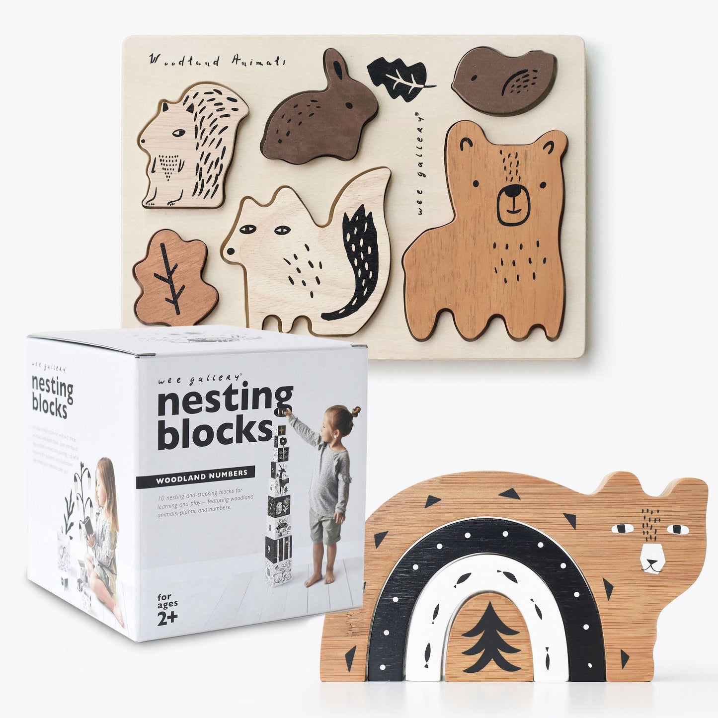 Wee Gallery Non-Toxic Eco-friendly Nature-Inspired Toddler Builder Bundle - Woodland | Nesting Toy, Blocks, Wooden Puzzle