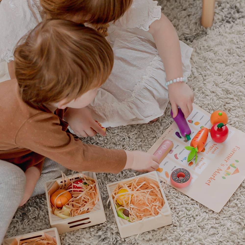 Tiny Land® Wooden Play Food Set & Wooden Rack – 30+ Pretend Play Kitchen Accessories with Price Cards & Menu, Ages 3+