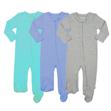 Load image into Gallery viewer, 3pc footie set | vintage aqua periwinkle & heather grey