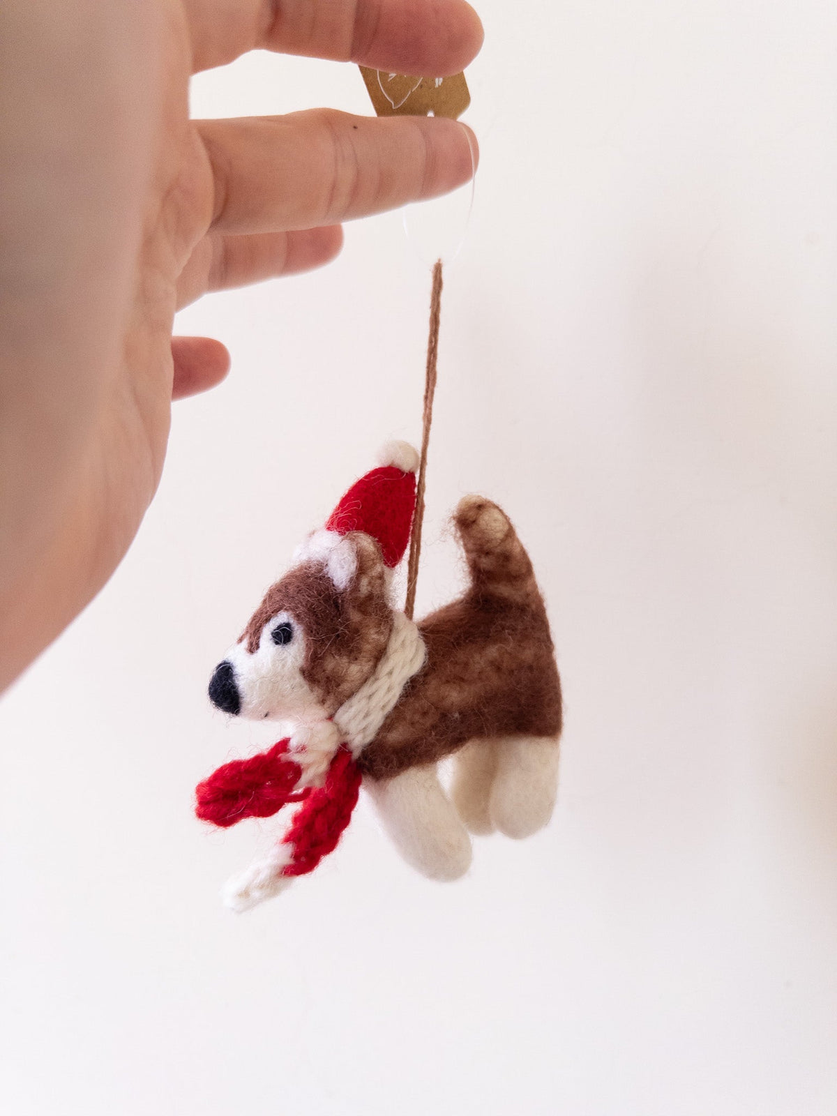 Husky with Red Scarf Christmas Ornament – Handmade Wool Felt Holiday Decor