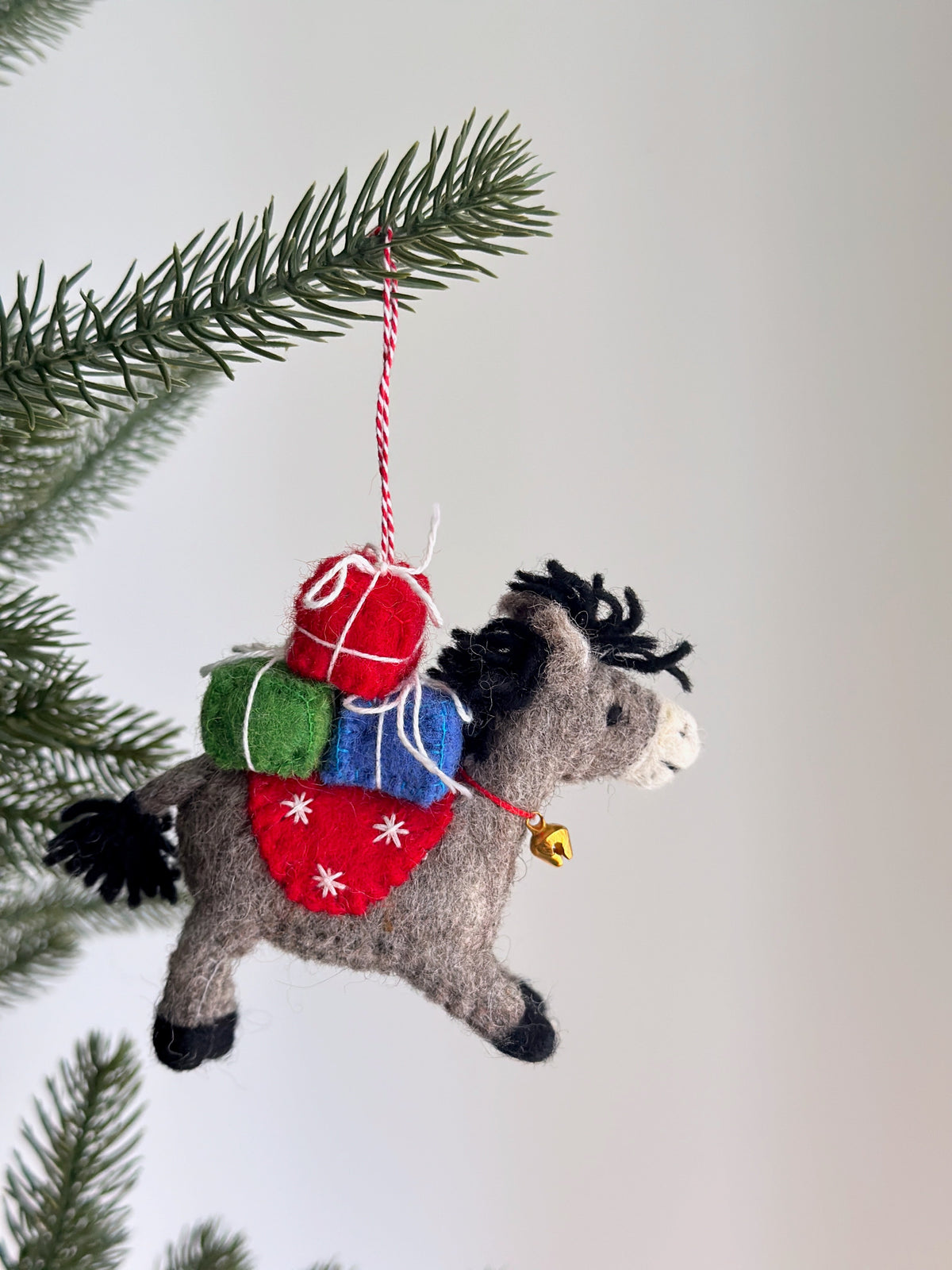 Donkey with Gifts Ornament – Handmade Wool Felt Holiday Decor