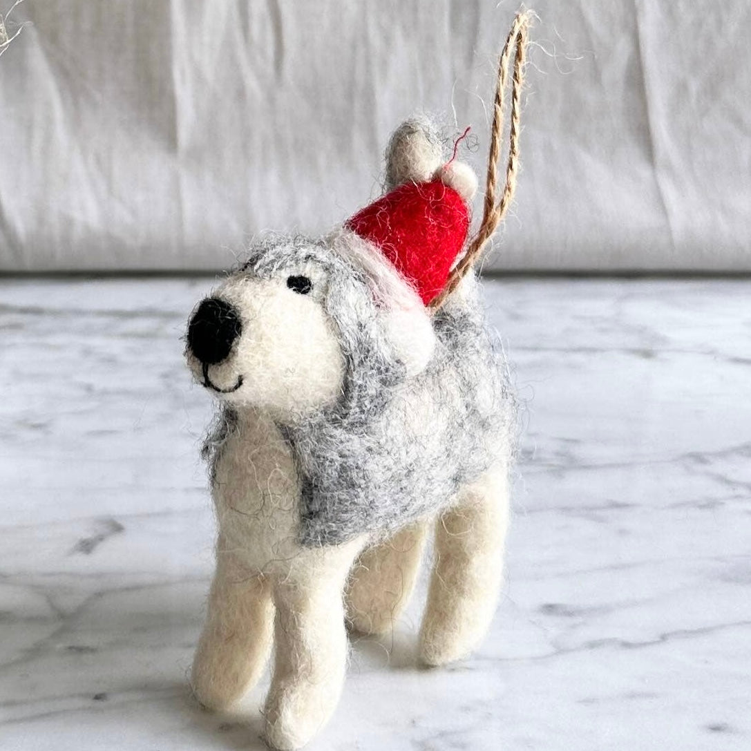 Husky with Christmas Hat Ornament – Handmade Wool Felt Holiday Decor