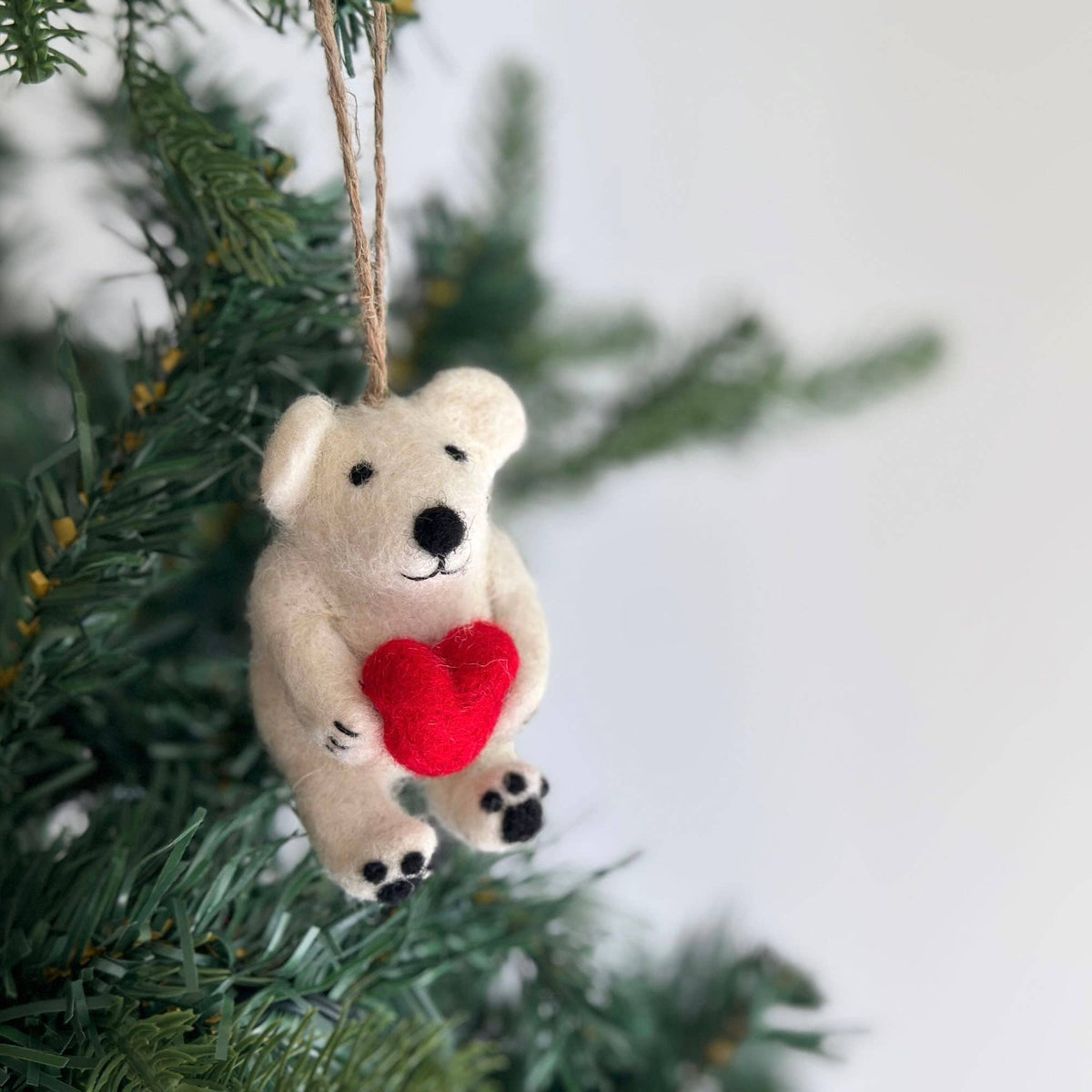 Mini Polar Bear Holding Heart Ornament – Handmade Wool Felt Holiday Decor