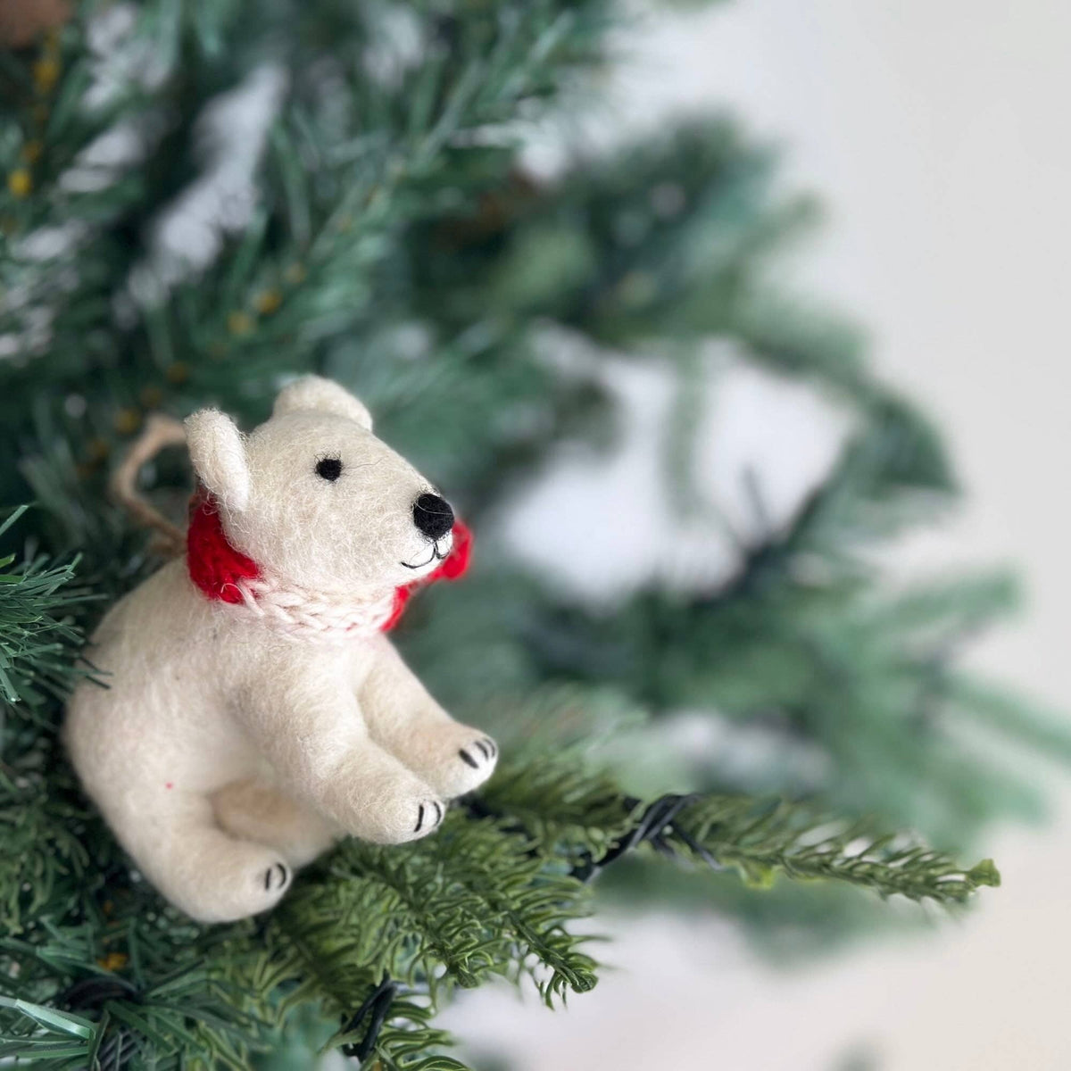 Polar Bear with Scarf Ornament – Handmade Wool Felt Holiday Decor