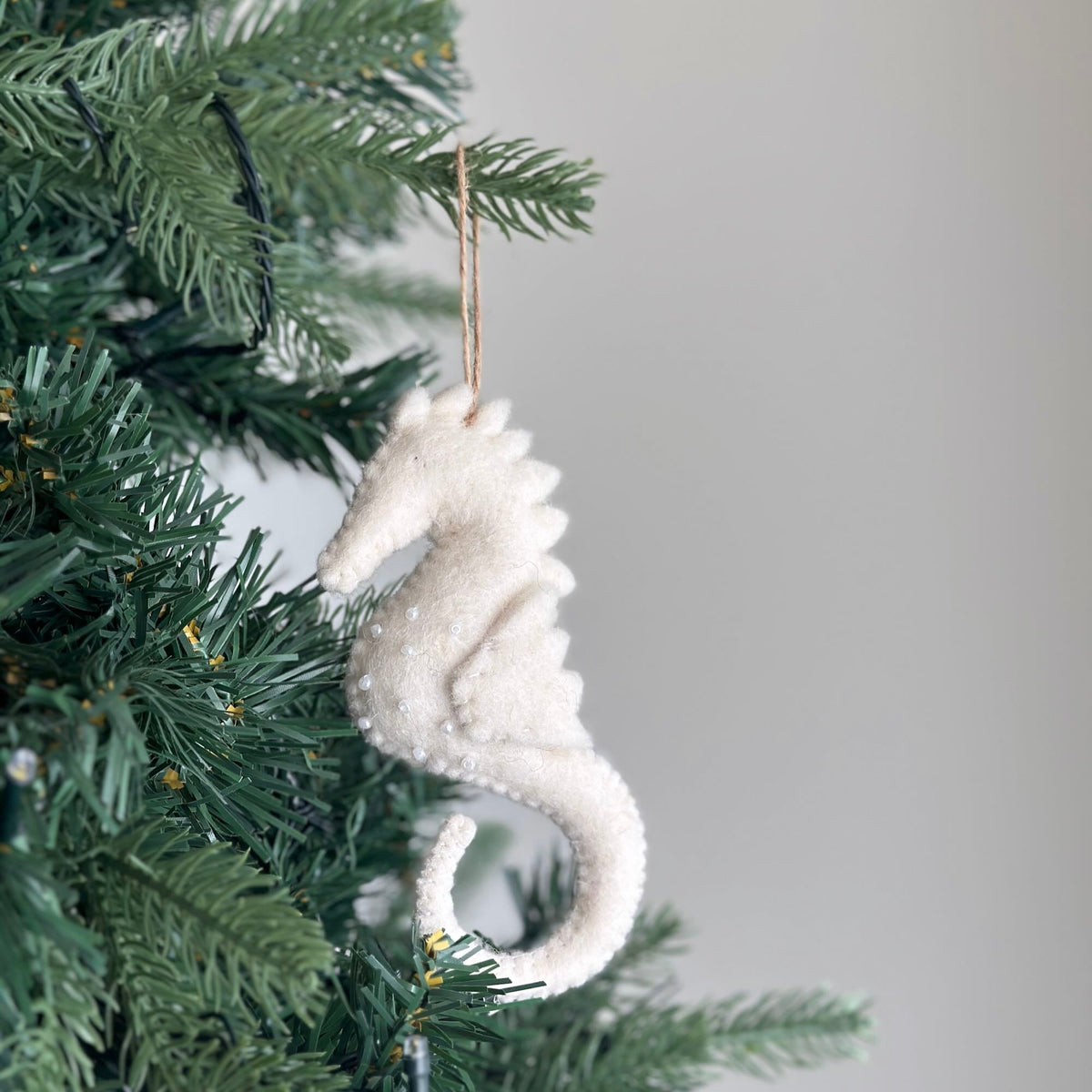 White Seahorse Ornament – Handmade Wool Felt Holiday Decor