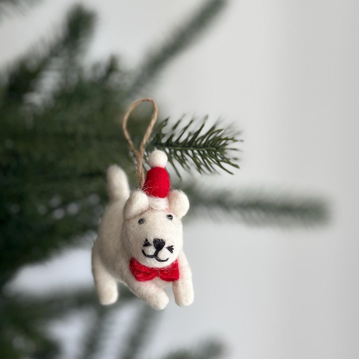 White Cat in Christmas Hat Ornament – Handmade Wool Felt Holiday Decor