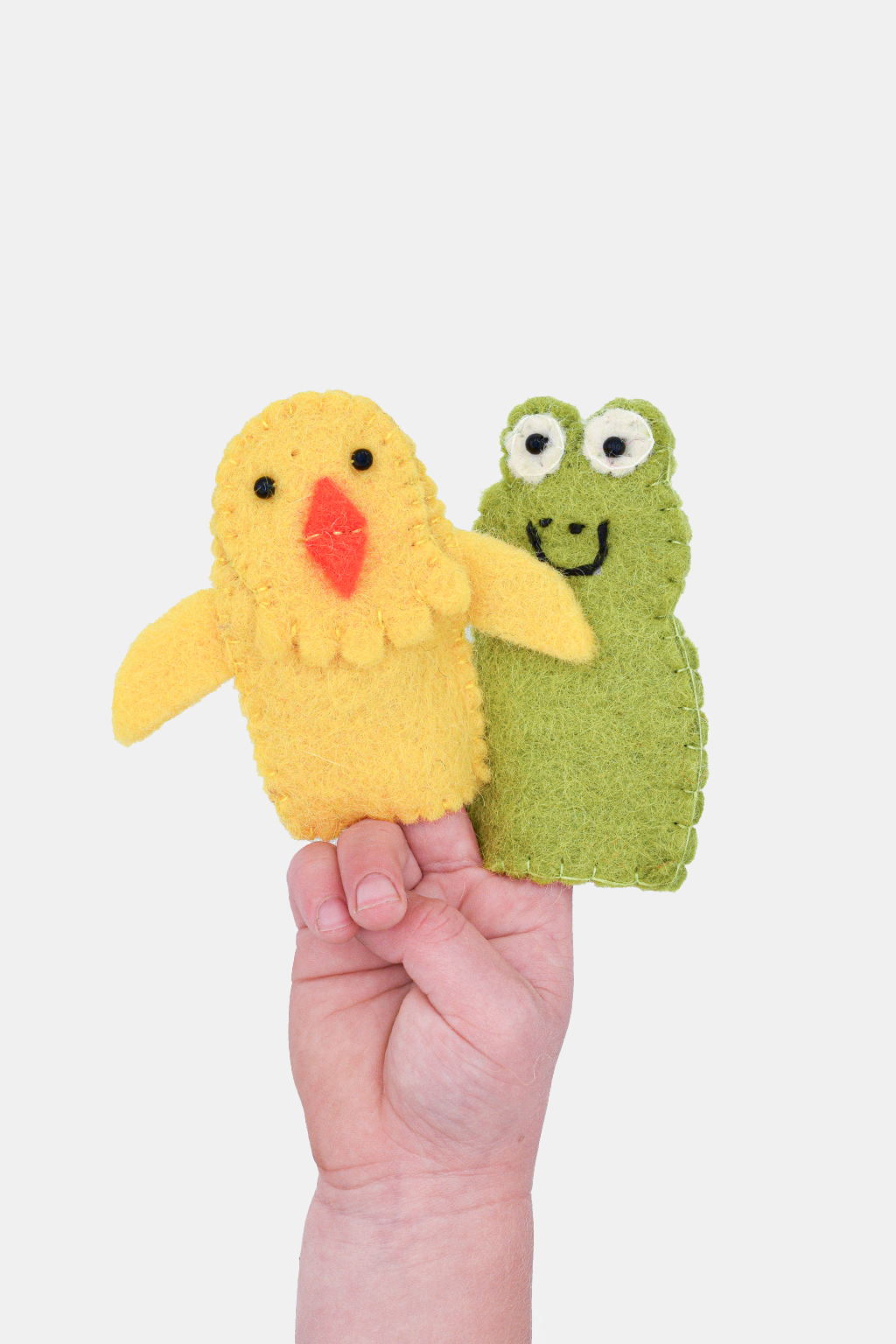 Frog & Chicken Finger Puppet Set – Handmade Wool Felt Pretend Play Toy