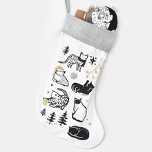 Load image into Gallery viewer, organic cotton christmas stocking with cat design nature-inspired non-toxic eco-friendly with organic stocking stuffers wee gallery black and white