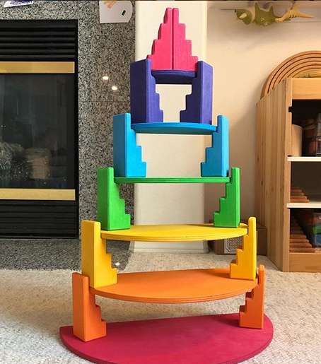 12 Pcs STAINED Stepped Roofs Building Blocks in Primary Rainbow Colors