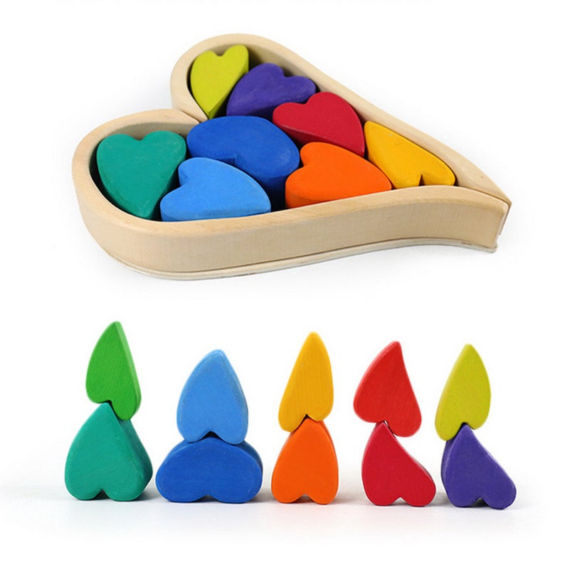 10 Pcs STAINED Rainbow Heart-shaped Wooden Stacking Puzzle Blocks