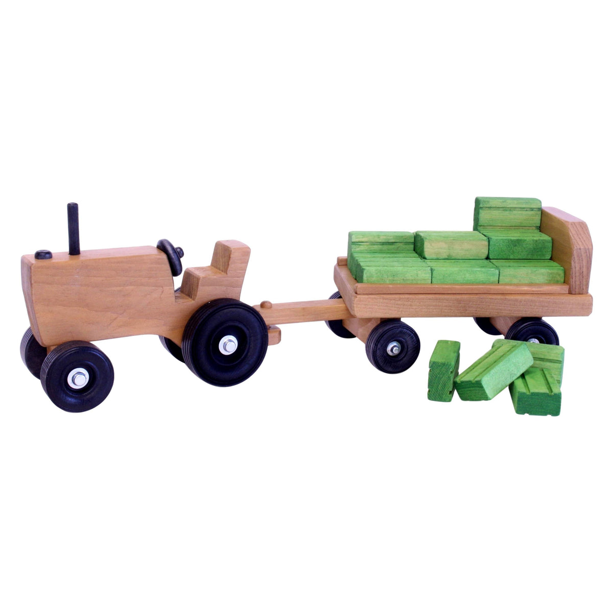 Amish-Made Wooden Toy Tractor & Wagon Set with 15 Hay Bales