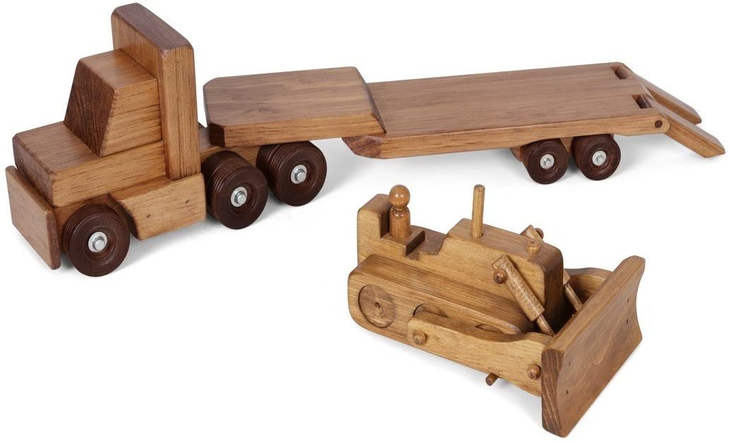 Amish Toy Box Eco-Friendly Non-Toxic Wooden Tow Truck & Lowboy Flatbed Trailer Set with Bulldozer