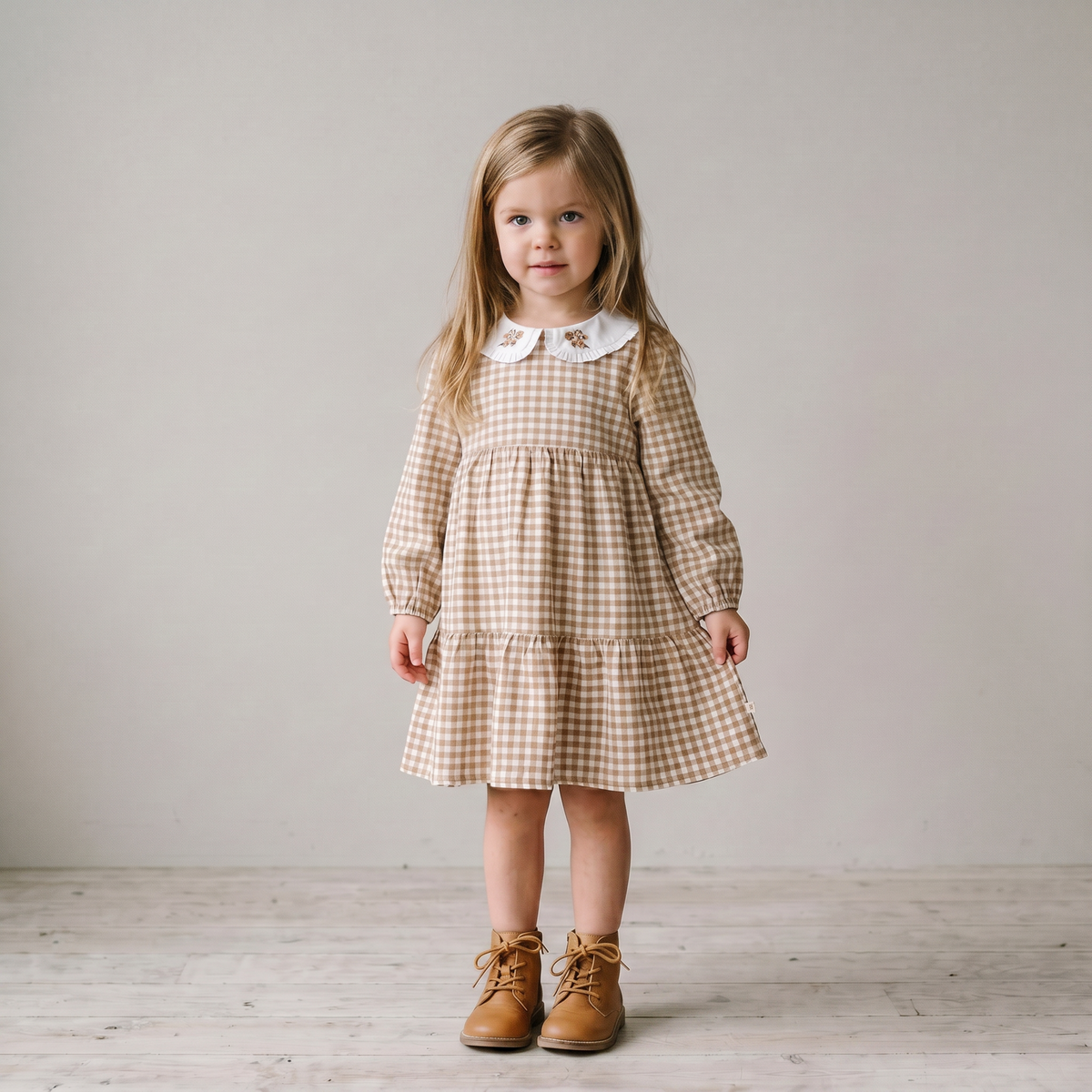 Organic Cotton Collar Tiered Dress for Babies & Toddlers – Oat Gingham