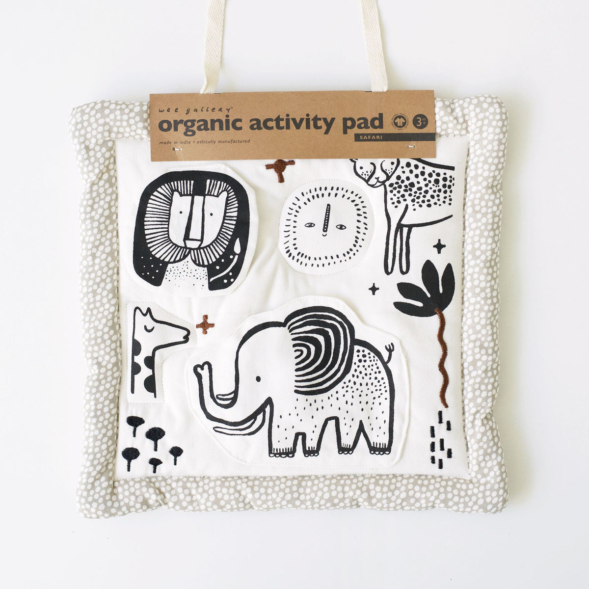 Wee Gallery Organic Cotton Baby Activity Pad – Safari (Crinkle, Rattle & Maple Teether)