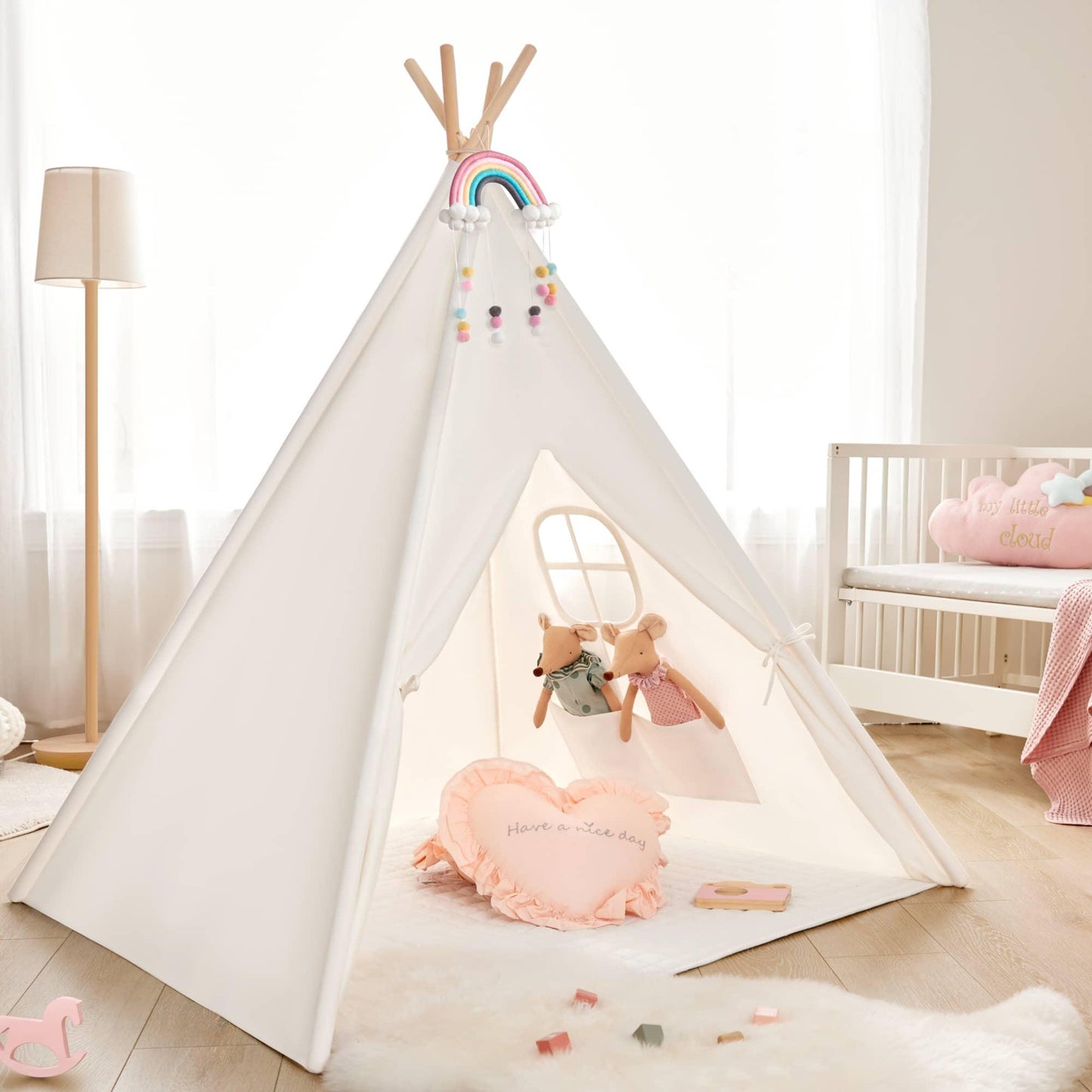 Tiny Land® Wood and Cotton Teepee for Kids with Mat