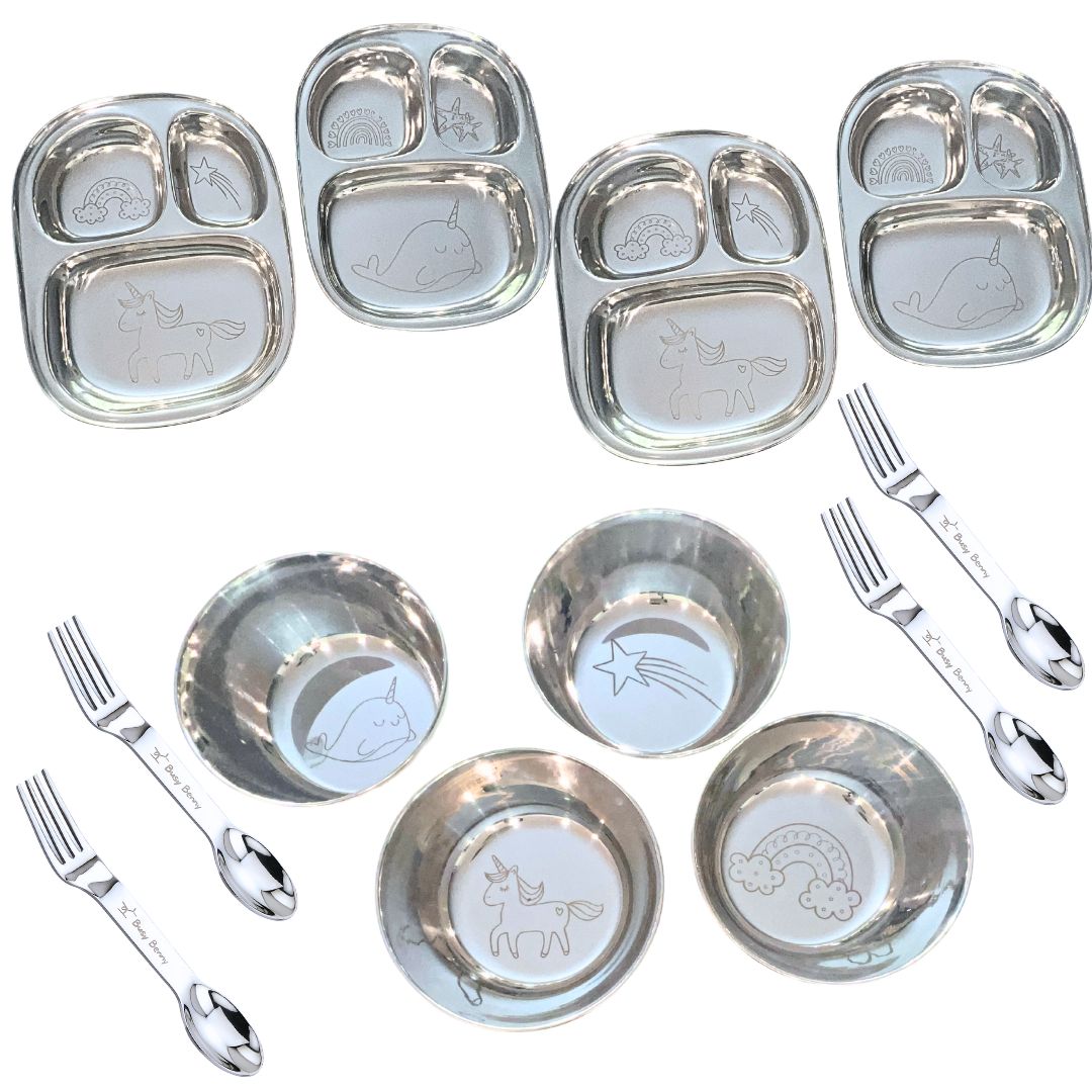 Busy Benny Unicorn & Rainbow Stainless Steel Dinnerware Set for Four