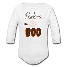 Load image into Gallery viewer, Peek-a-BOO Halloween Organic Long Sleeve Onesie - white