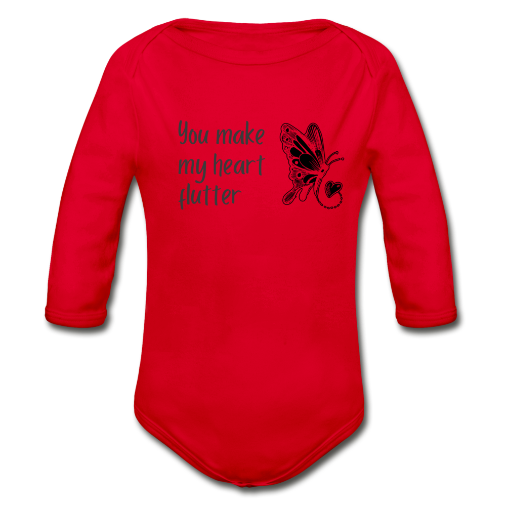 "You Make My Heart Flutter" Organic Long Sleeve Onesie - red