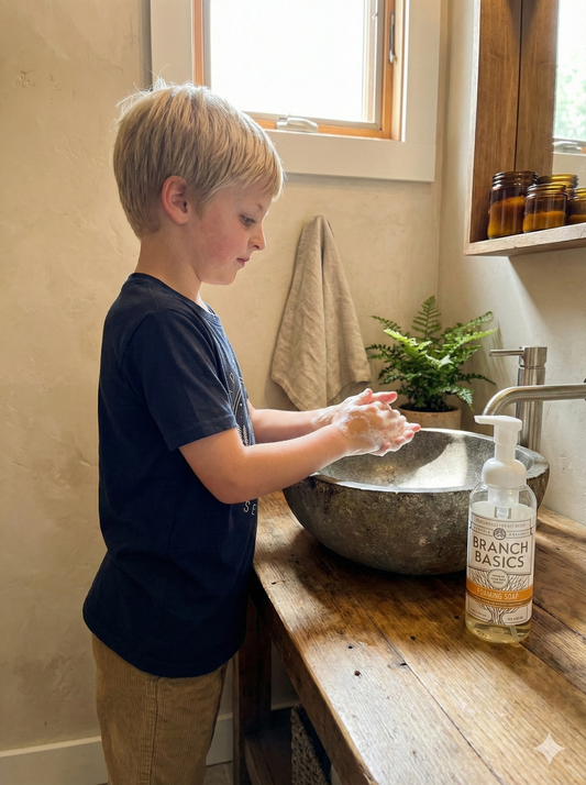 boy washing hands in hygge bathroom with non toxic branch basics foaming hand soap