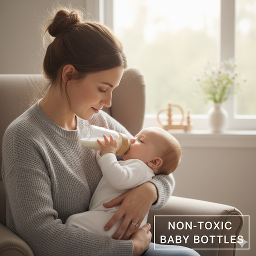 mom holding baby drinking out of baby bottle non toxic